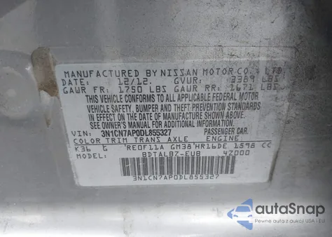 2013 Nissan Versa 1.6 Sv из США, поврежденный, VIN 3N1CN7AP0DL855327